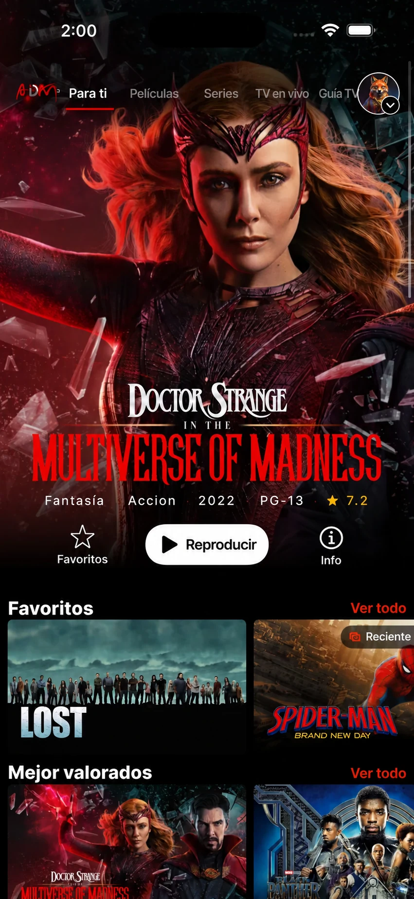 Interfaz de contenidos en un teléfono