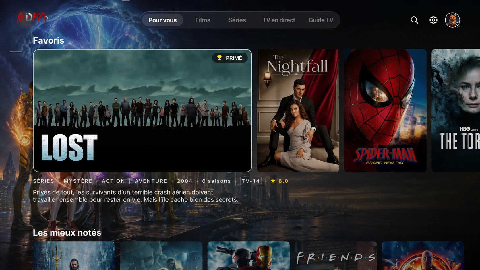 Interface du catalogue de films et séries avec le logo ADAM